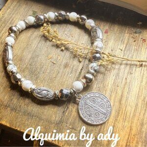 Summer neutral + cream turquoise chunky silver Saint Benedict bracelet